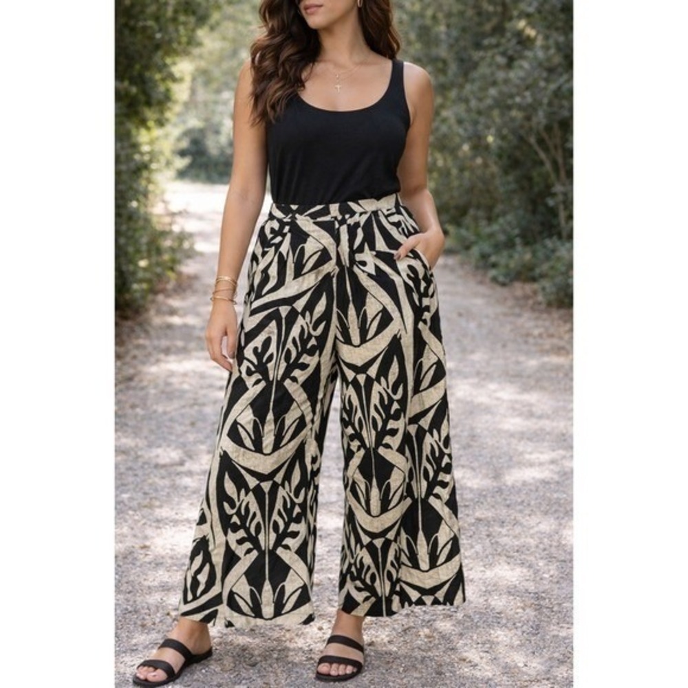 Women's Wide Leg Palazzo Pants M Black Cream Abstract Print Boho Resort Flowy